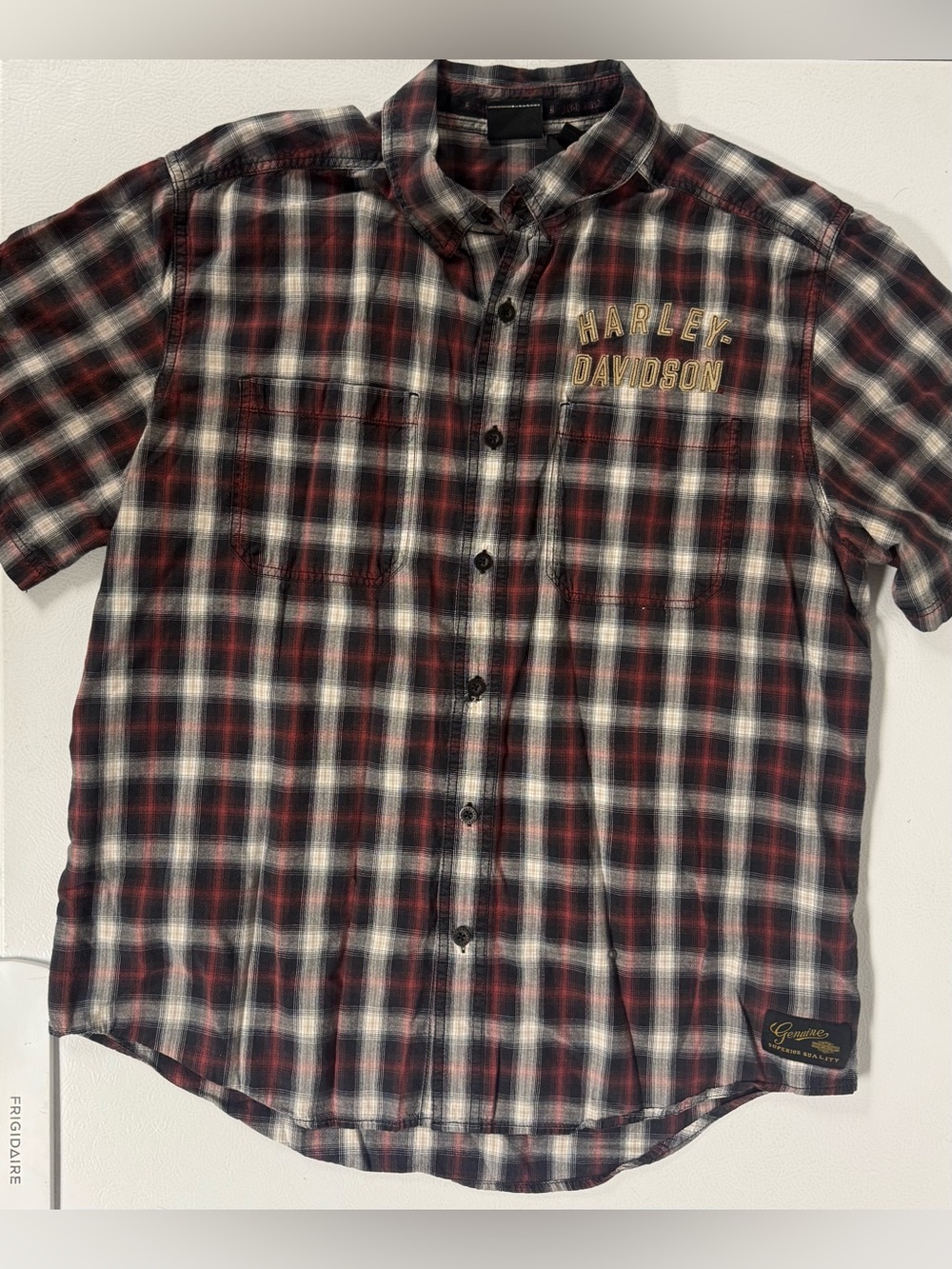 Harley Davidson Red 1 Button Plaid Short Sleeve Shirt Mechanic Embroidery Men XL